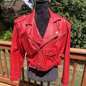 Wilson's Vintage 80's Red Leather Jacket with Studs, Zippered Sleeves, Belt, med